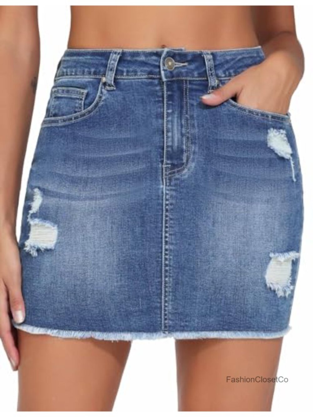 Ripped Denim Mini Skirt Raw Hem Medium Stretch Cotton Blend